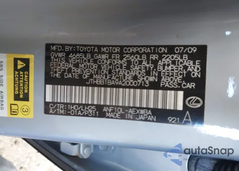 2010 Lexus Hs 250H Premium from USA, damaged, VIN JTHBB1BA9A2000713